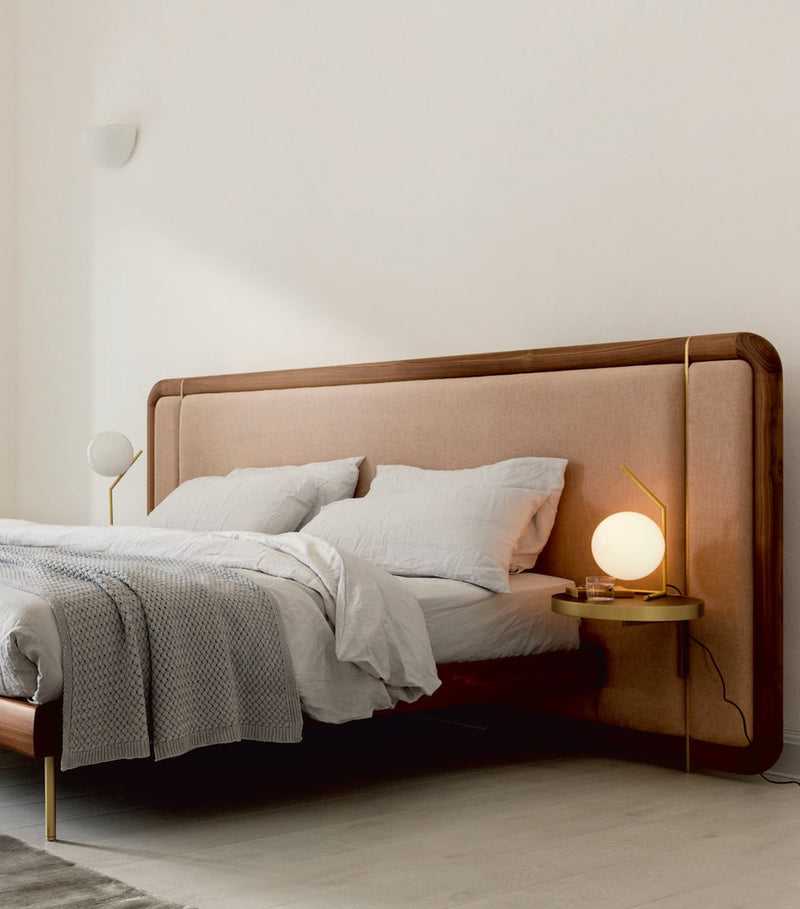 Solid Wood Bed Frame with Brass Inserts and Upholstered Headboard, Approx. 130x214x300cm