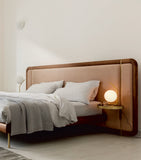 Solid Wood Bed Frame with Brass Inserts and Upholstered Headboard, Approx. 130x214x300cm