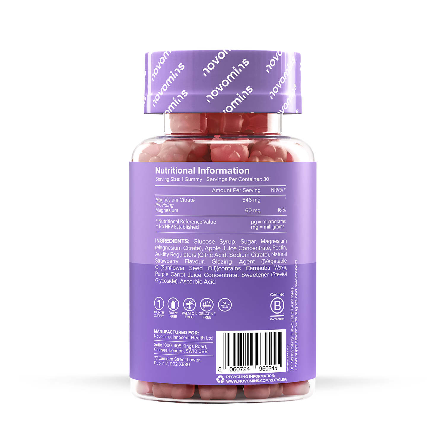 Novomins Kids Magnesium Strawberry Flavoured Gummies 30g (British brand)