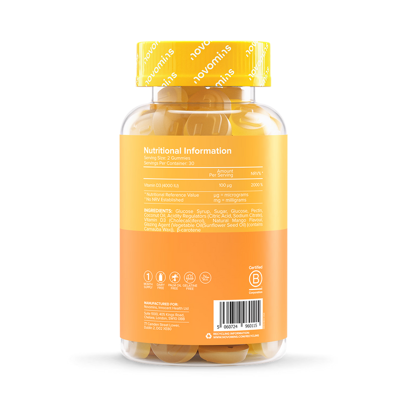 Novomins Vitamin D3 4000IU Mango Gummies 60, imported from the UK