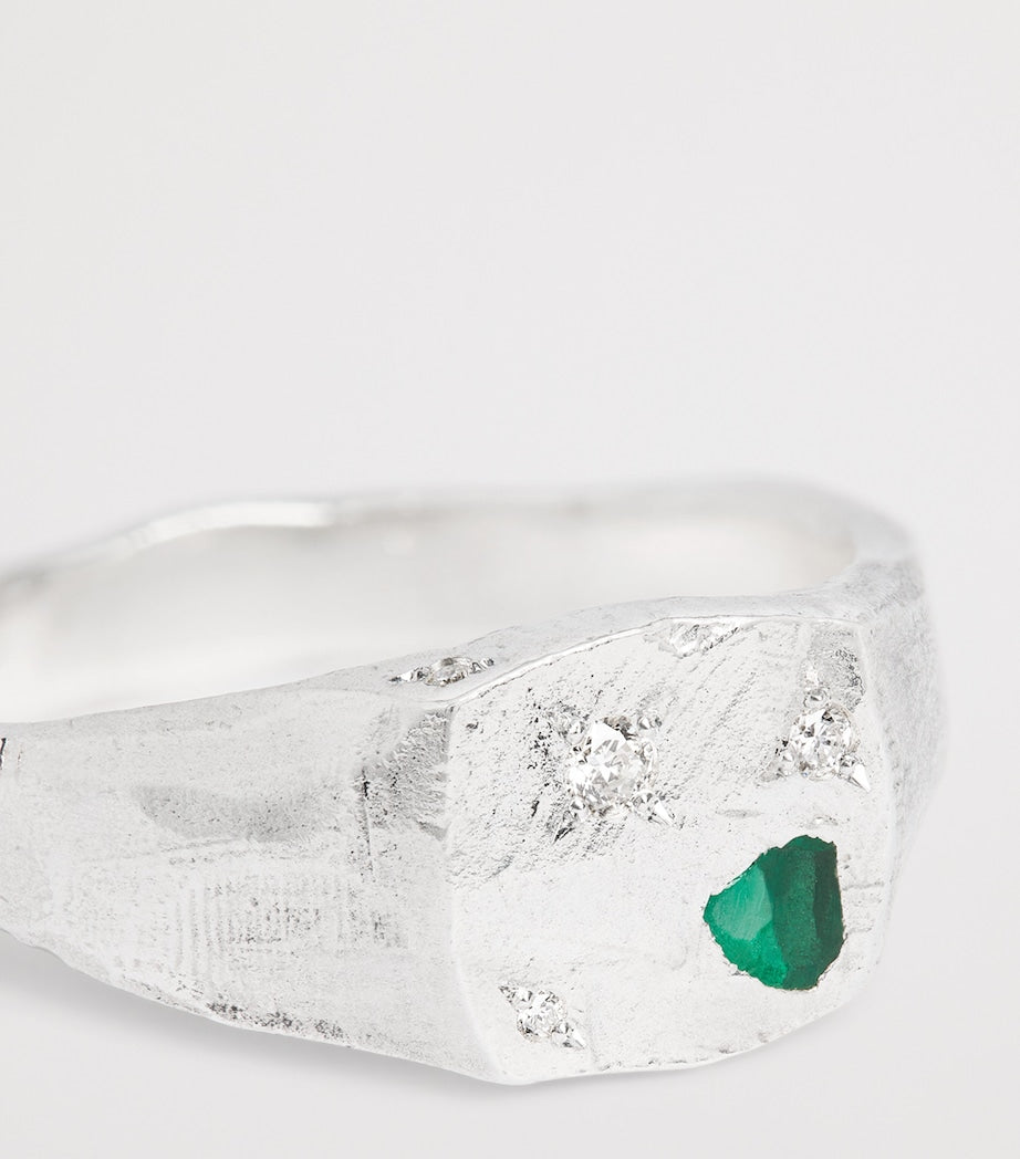 The Ouze sterling silver and emerald scatter signet ring (British brand)