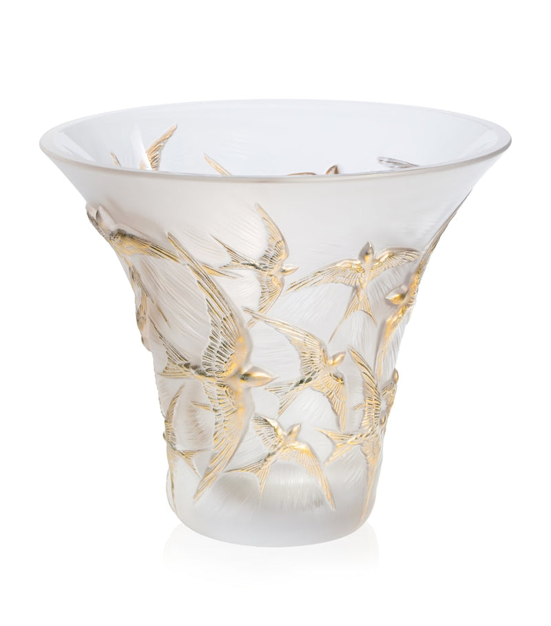 Lalique Hirondelles Swallow crystal vase 29cm, UK version