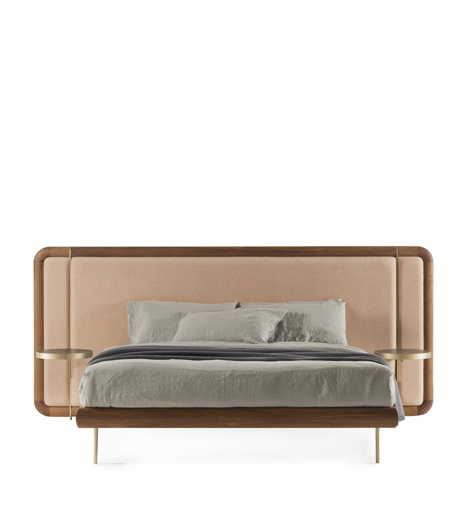 Solid Wood Bed Frame with Brass Inserts and Upholstered Headboard, Approx. 130x214x300cm