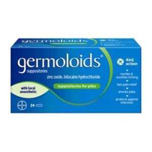 Germoloids suppositories 24 pack for haemorrhoid relief, UK version.