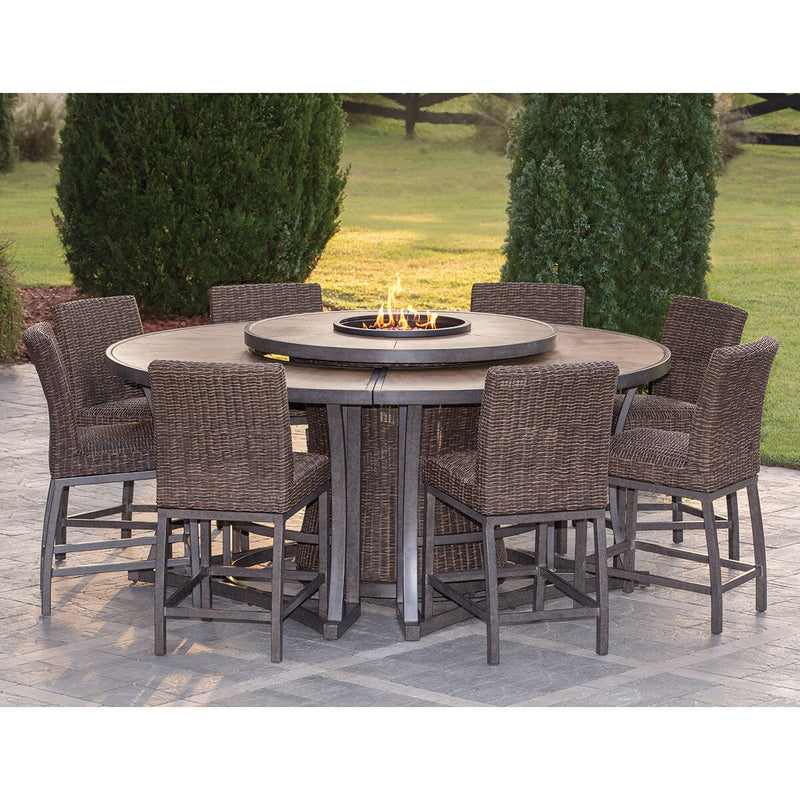 11-Piece Outdoor High Dining Set with Integrated Fire Pit and 8 Wicker Chairs