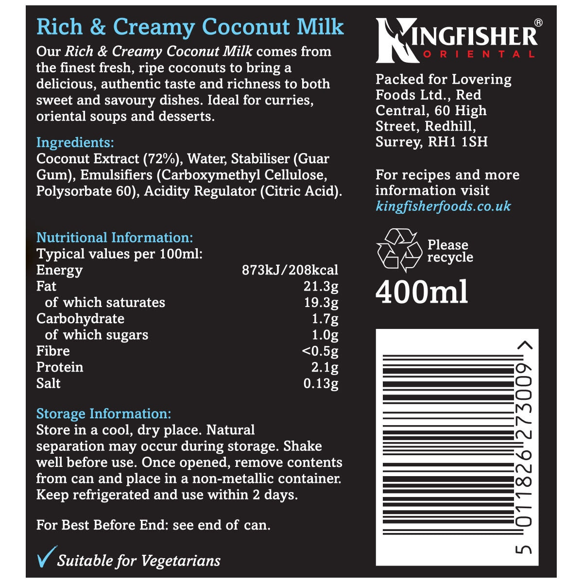 Kingfisher Oriental Coconut Milk 6 x 400ml, UK version