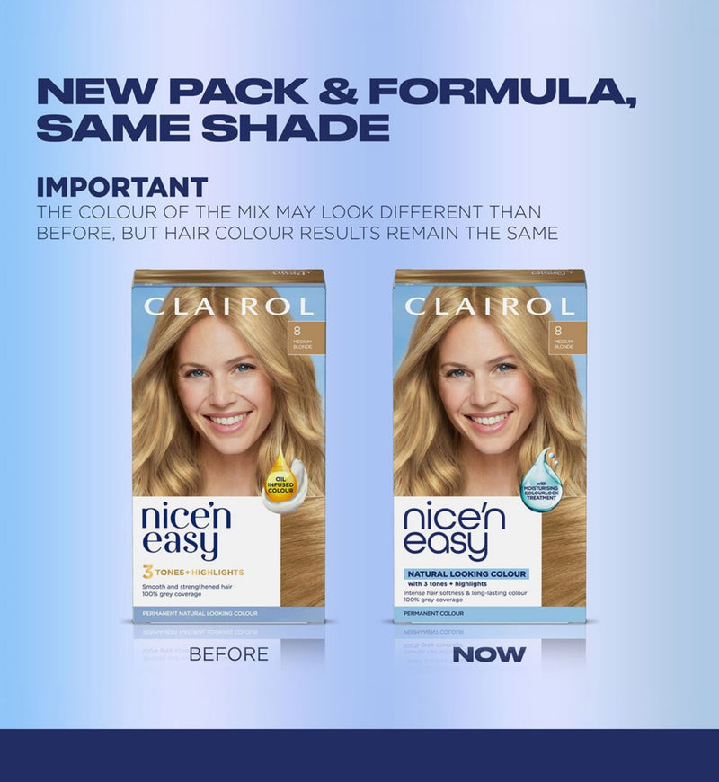 Clairol Nice'n Easy Permanent Hair Dye 8 Medium Blonde 177ml - British product