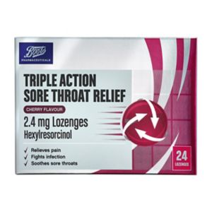 Boots Triple Action Sore Throat Lozenges Cherry 24 Pack - British product