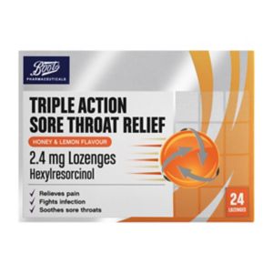 Boots sore throat relief lozenges honey lemon 24 pack - British product