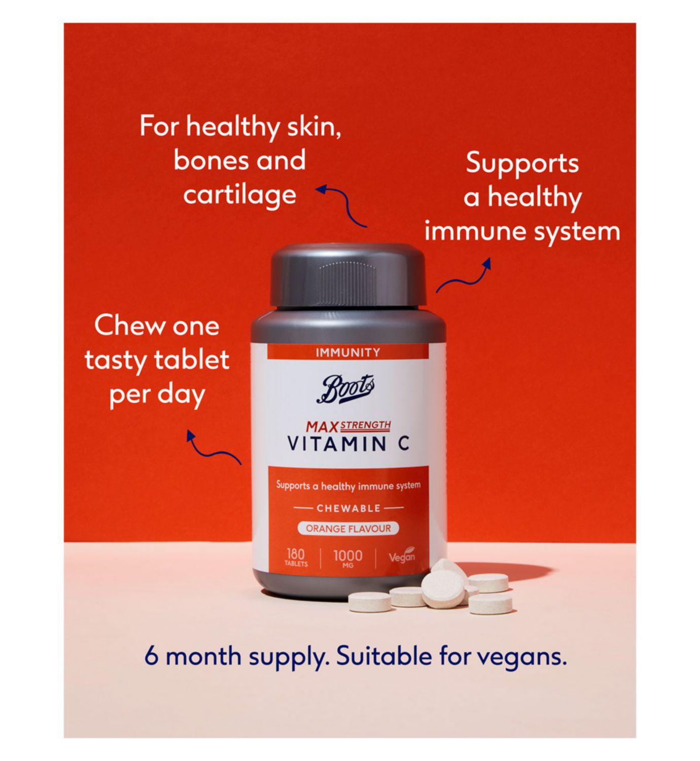 Boots Vitamin C 1000mg Orange Flavour Chewable Tablets 180 - British product