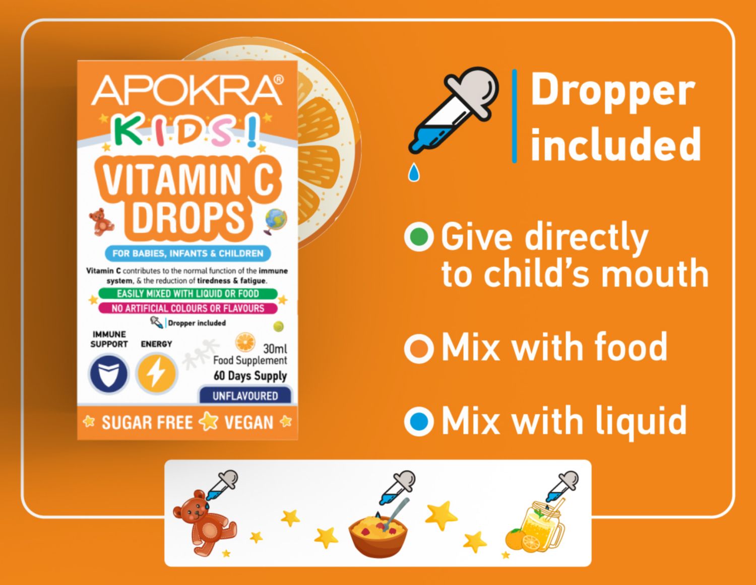 Apokra Kids Vegan Vitamin C Drops 30ml - British product