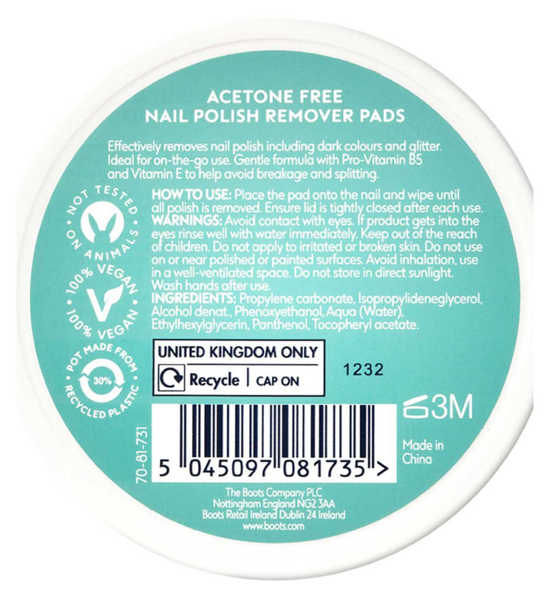 Boots nail polish remover pads acetone free 25s - British product