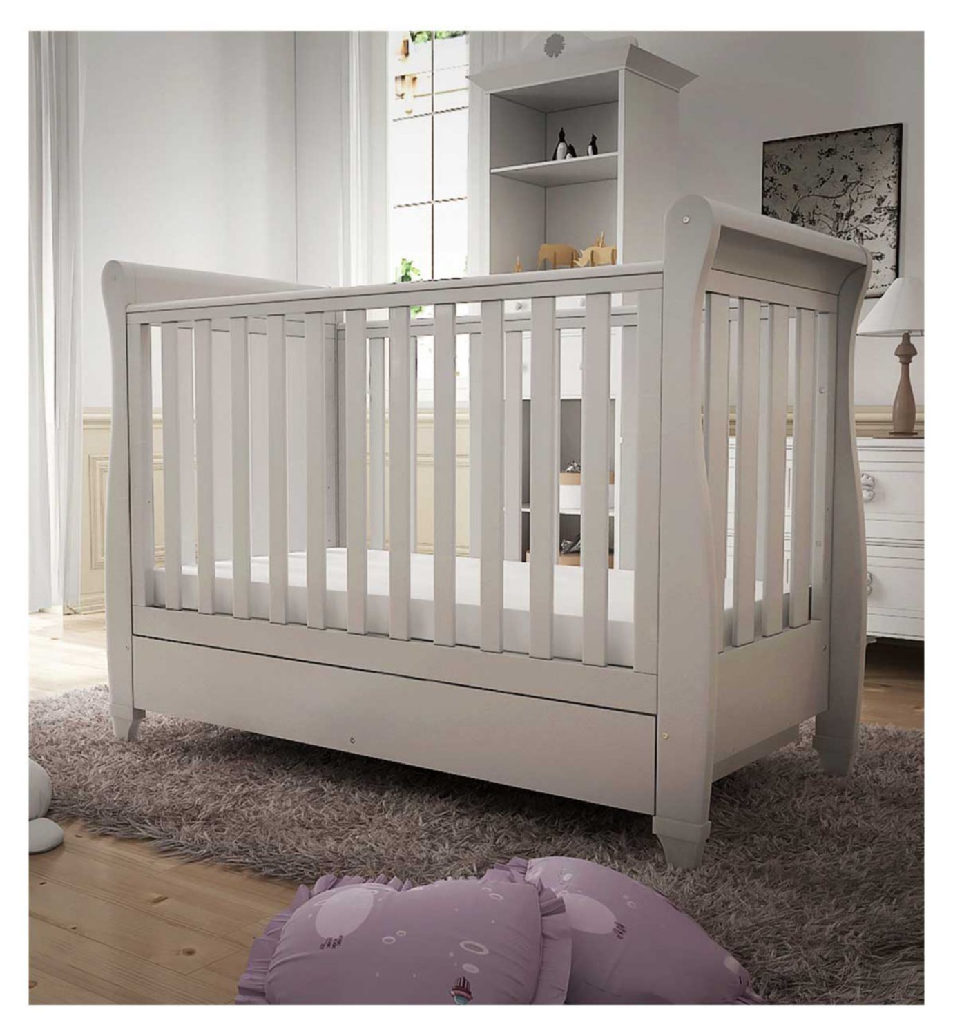 Babymore Eva Sleigh Cot Bed Dropside Drawer White - British product