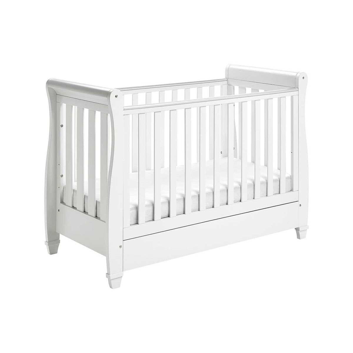 Babymore Eva Sleigh Cot Bed Dropside Drawer White - British product