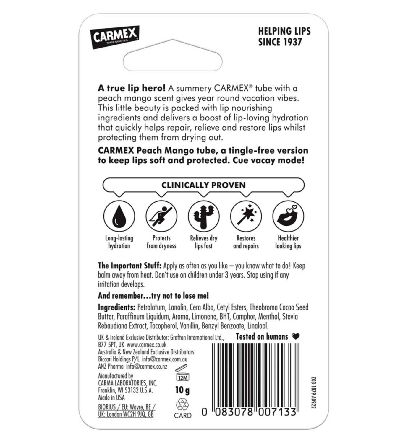 Carmex Tropical Peach Mango Lip Balm Tube - British product
