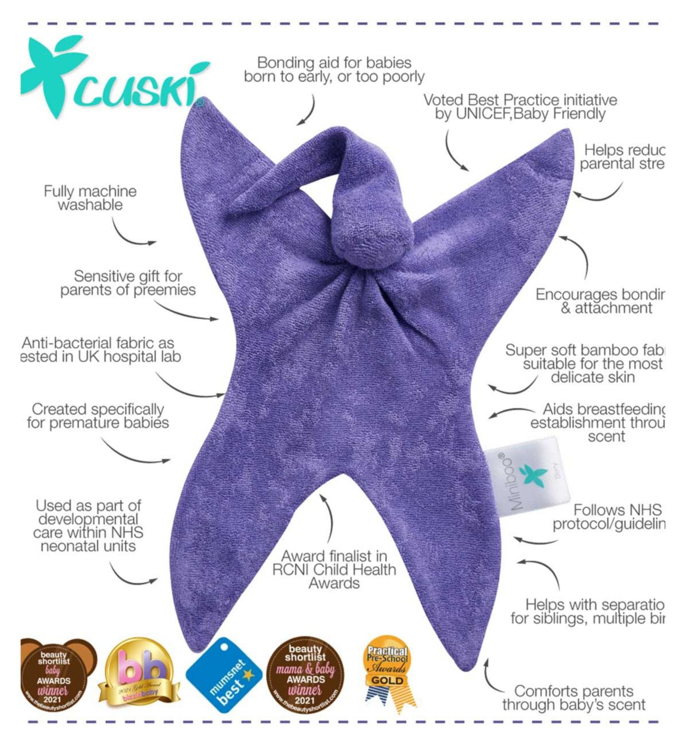 Cuski Miniboos purple comforters for premature babies, imported from the UK
