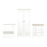 CuddleCo Clara 3pc White & Ash Nursery Furniture Set - 3 Drawer Dresser, Cot Bed and Wardrobe