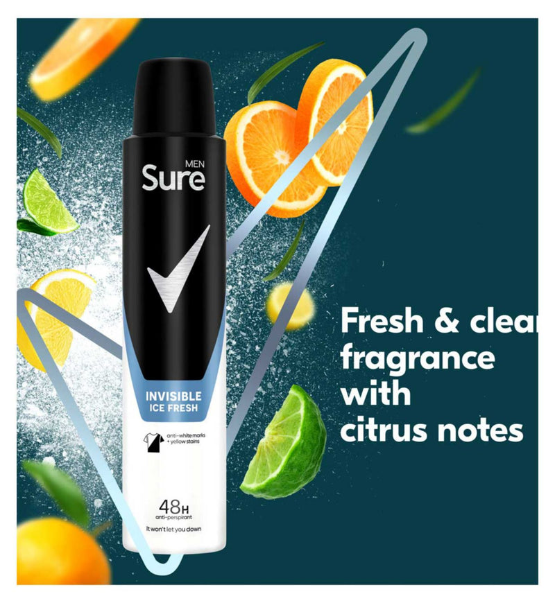 Sure Men Invisible Ice Fresh Anti-Perspirant Aerosol Spray 200ml, imported from the UK