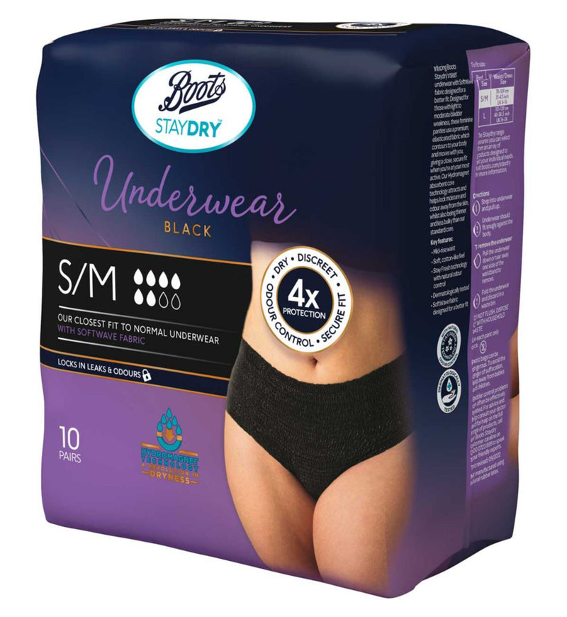Boots Staydry Bladder Control Underwear Black S/M 10 pairs - British product