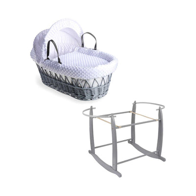 Clair de Lune White Dimple Grey Wicker Moses Basket with Rocking Stand Baby Bed