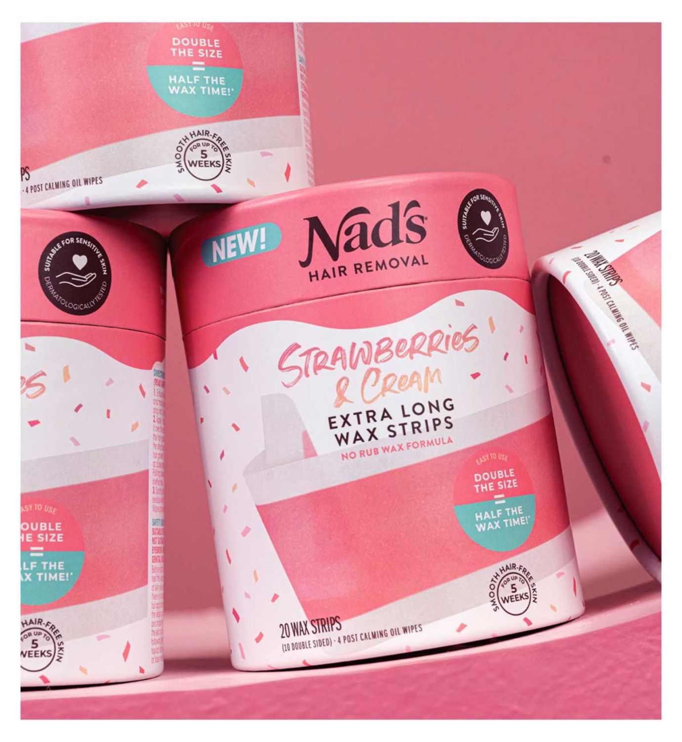 Nad's Strawberries & Cream extra long wax strips 20ct, imported from the UK