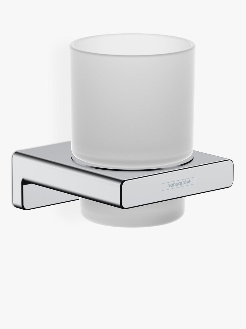 Hansgrohe frosted glass toothbrush tumbler with metal wall-mounted holder, UK version