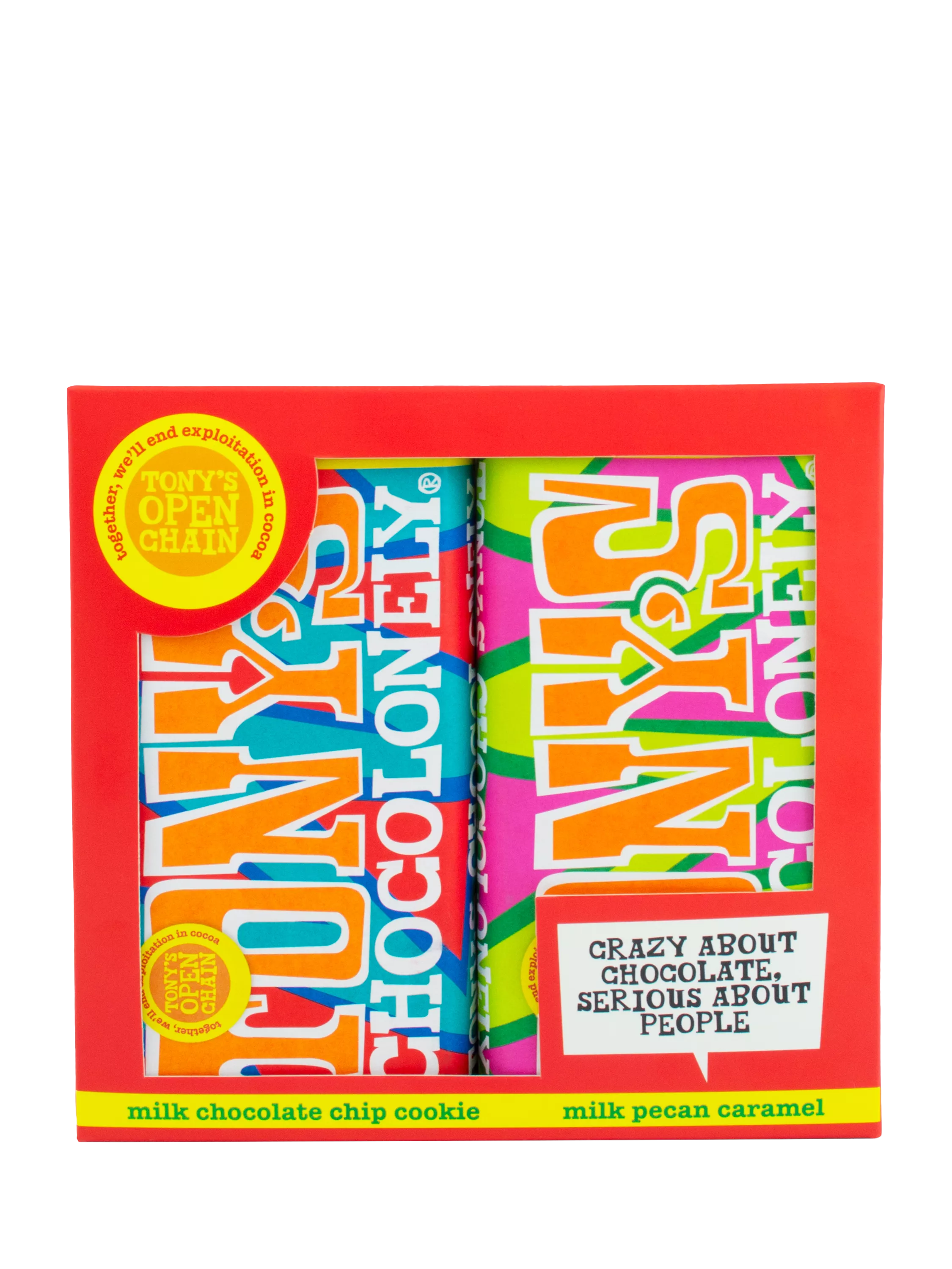 Tony's Chocolonely milk chocolate chip cookie and pecan caramel duo gift pack 350g (British brand)