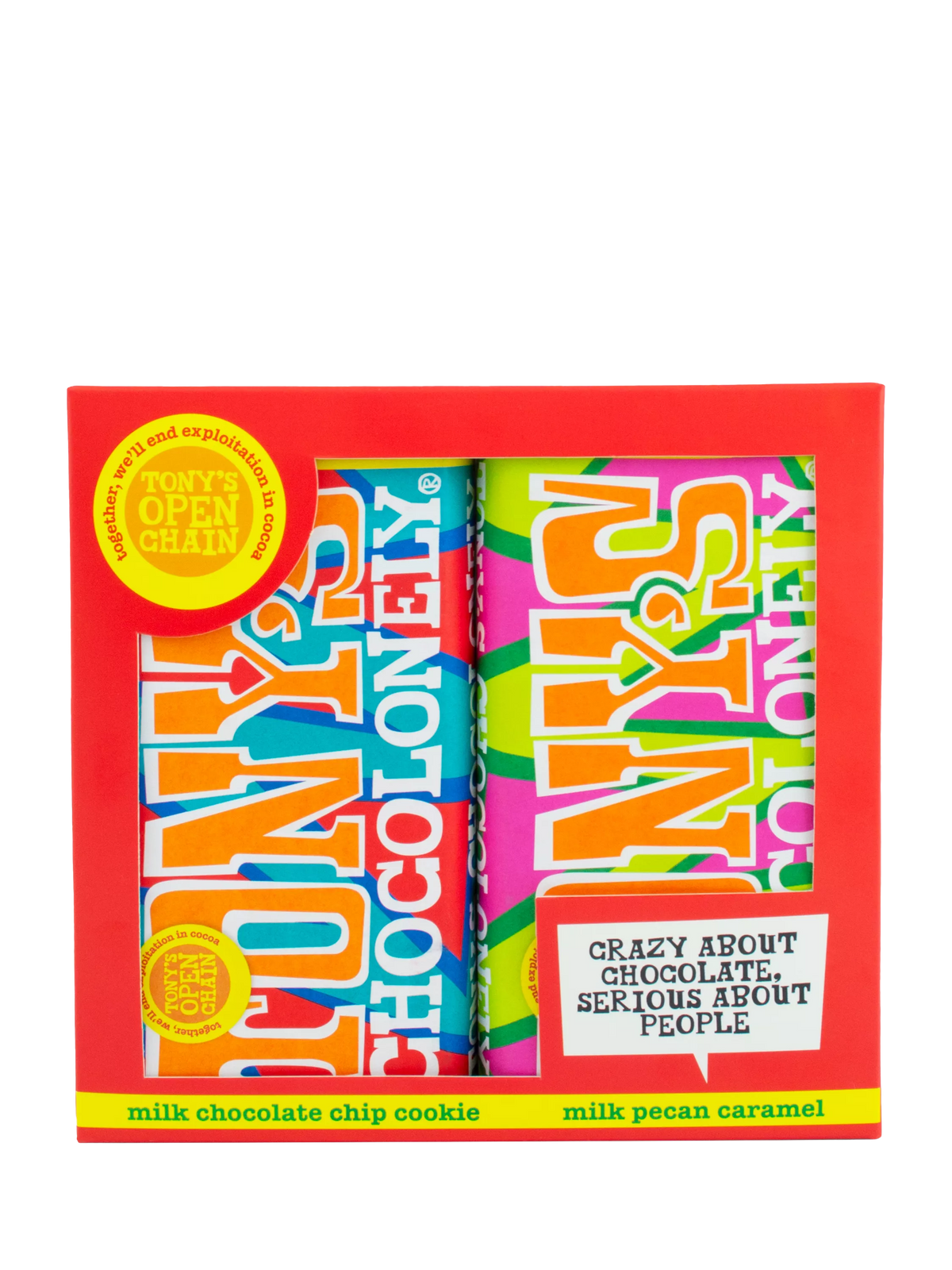 Tony's Chocolonely milk chocolate chip cookie and pecan caramel duo gift pack 350g (British brand)