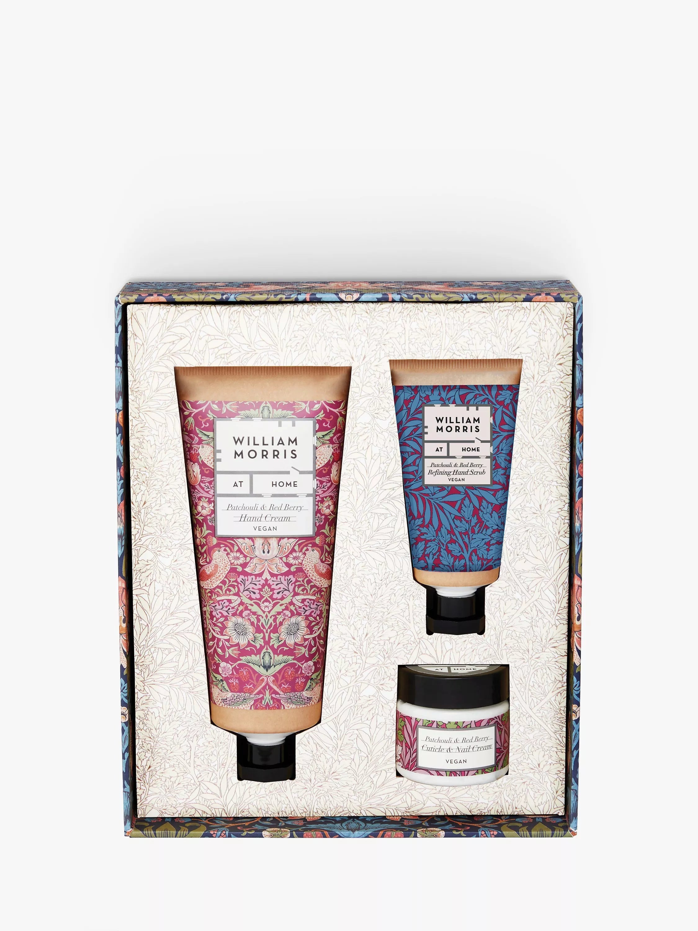 William Morris hand care set with Patchouli Red Berry scent including cream scrub cuticle cream (British brand)