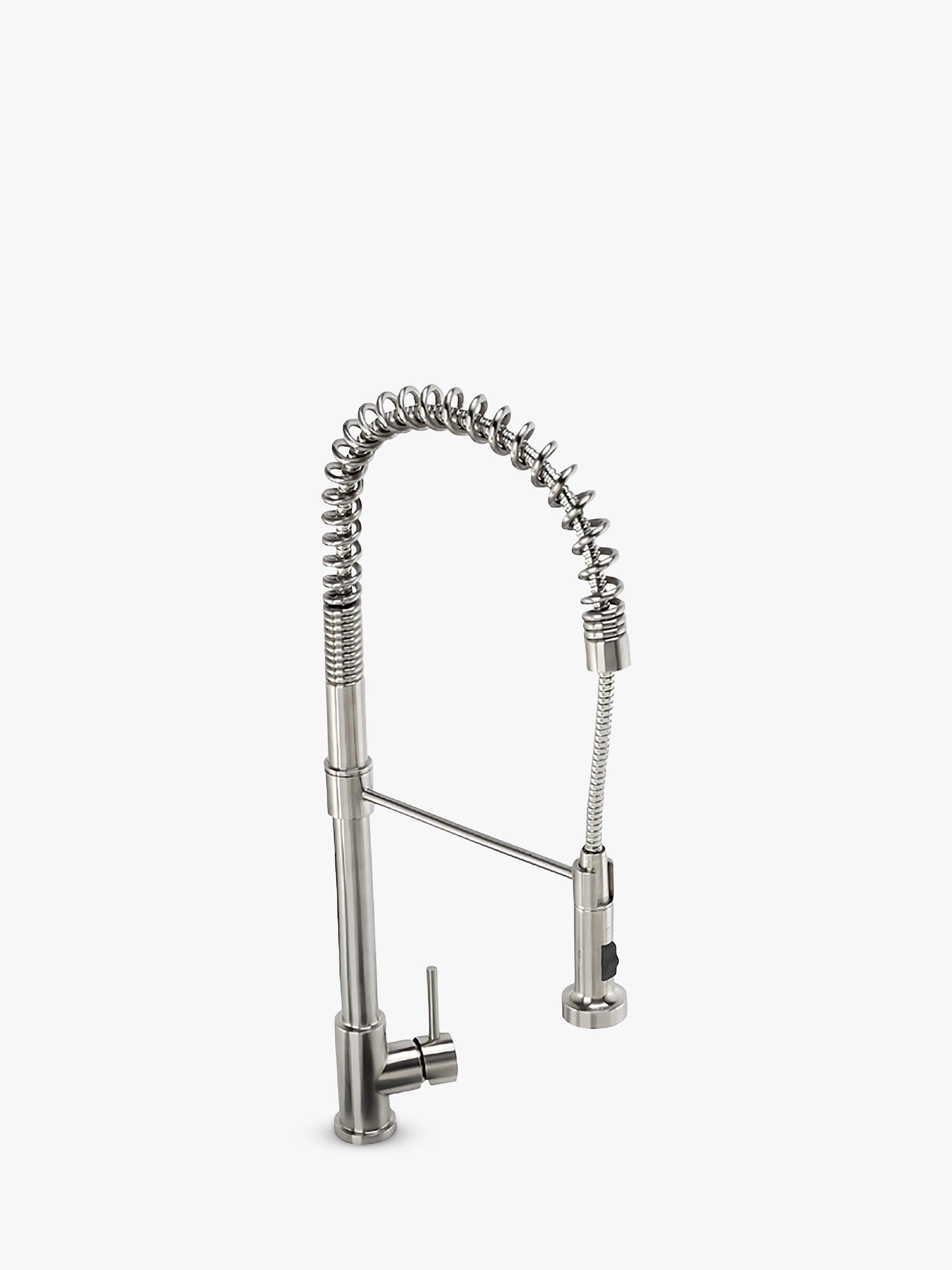 Abode stainless steel kitchen tap with single lever and pull-around head, 670mm high - British product