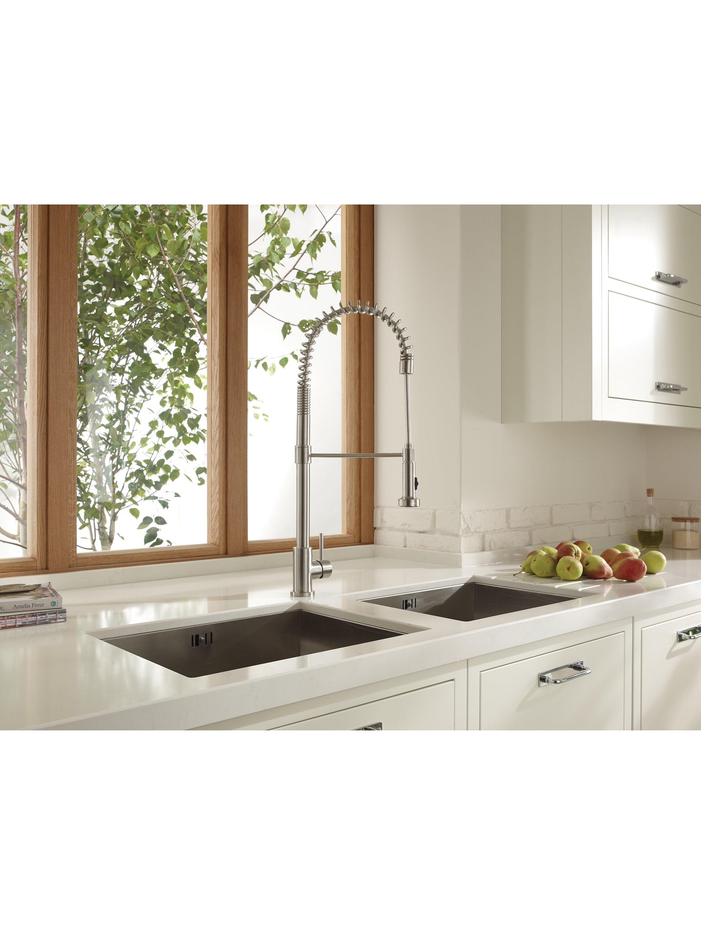 Abode stainless steel kitchen tap with single lever and pull-around head, 670mm high - British product