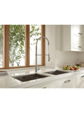 Abode stainless steel kitchen tap with single lever and pull-around head, 670mm high - British product