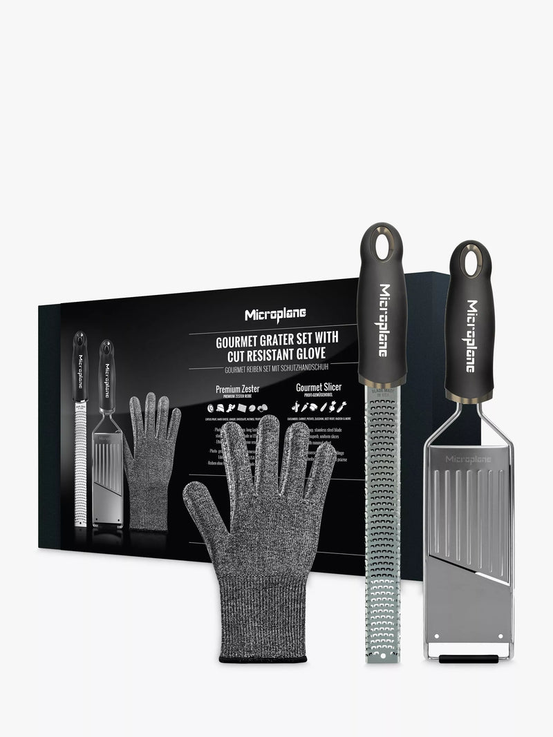 Microplane grater set with zester, slicer, and safety glove, imported from the UK