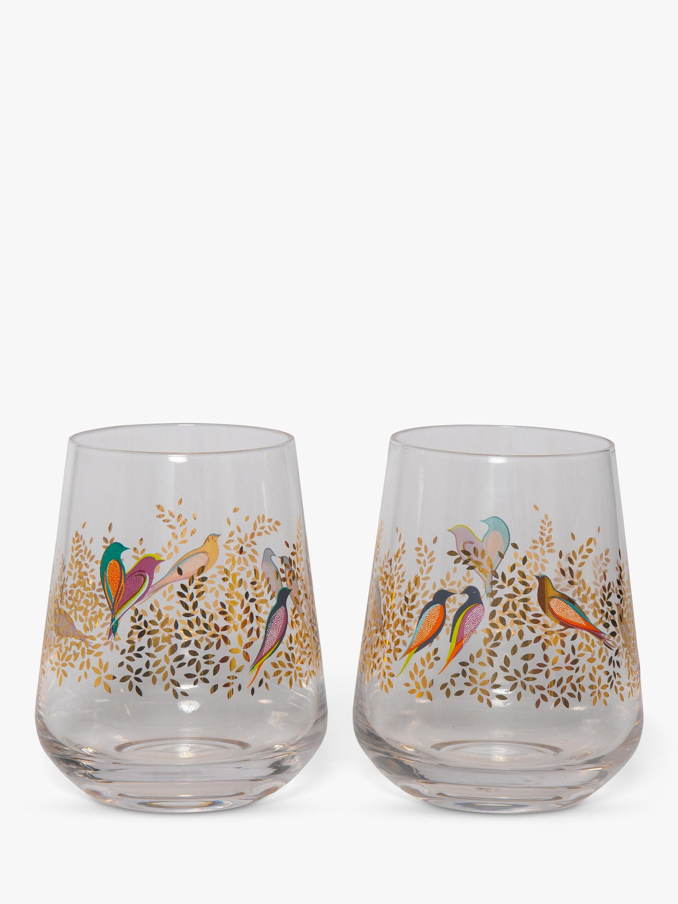 Sara Miller Birds pattern glass tumblers set of two 410ml clear and multi (British brand)