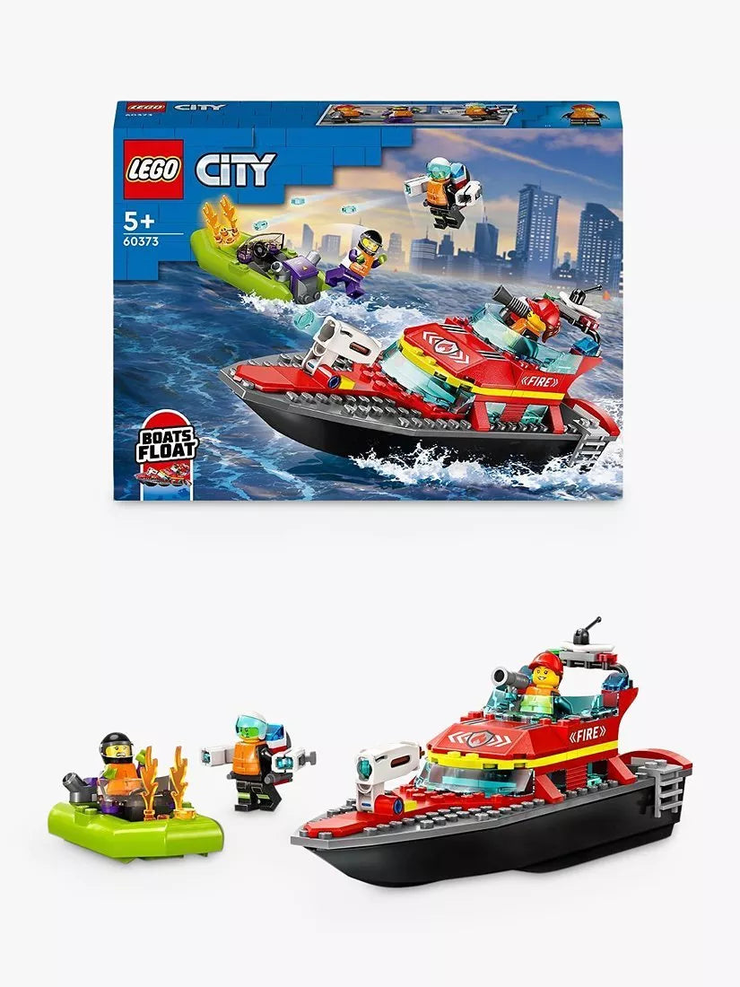 LEGO fire rescue boat toy set with minifigures, 144 pieces, UK version