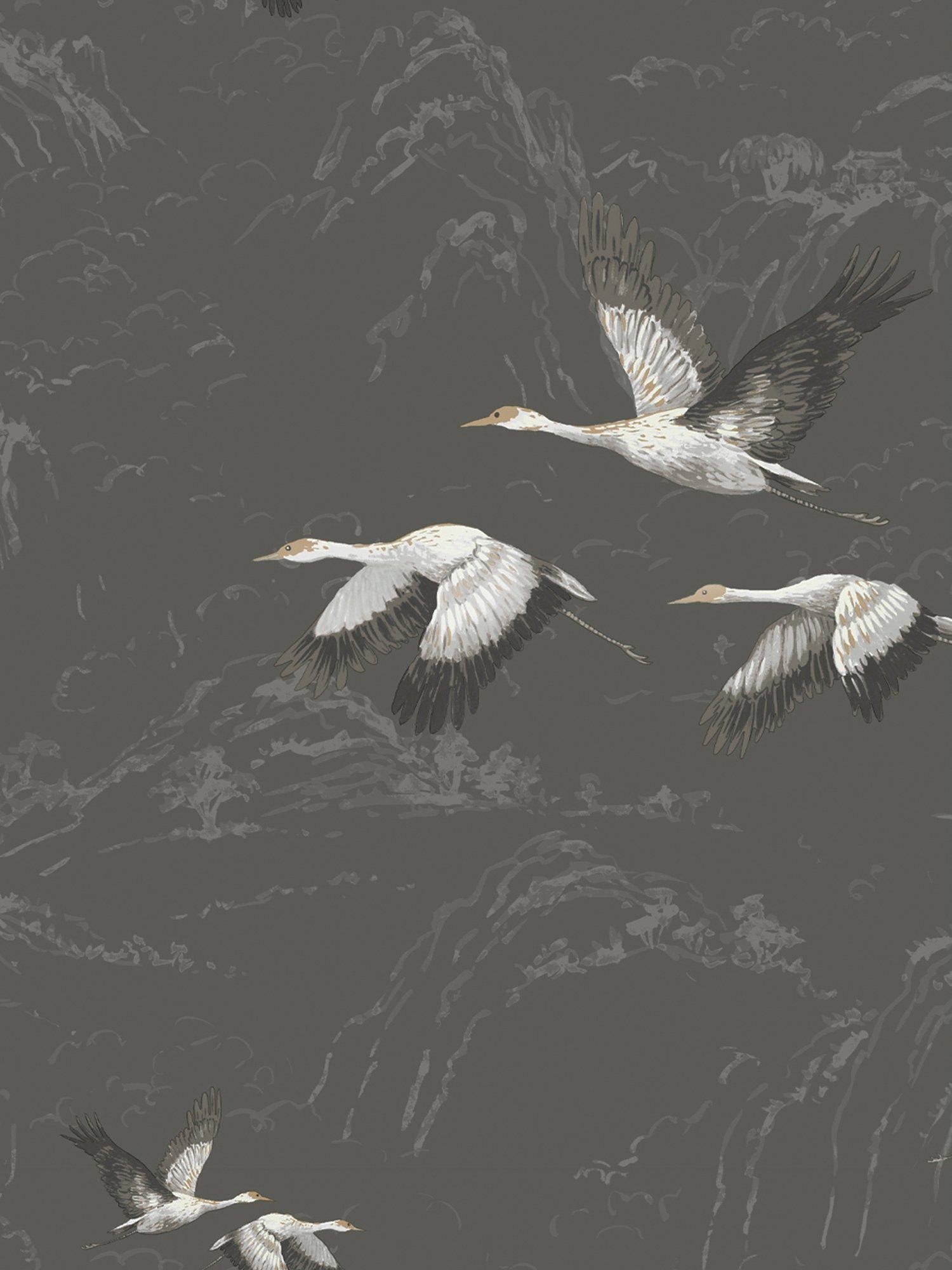 Grey and White Crane and Cloud Pattern Wallpaper