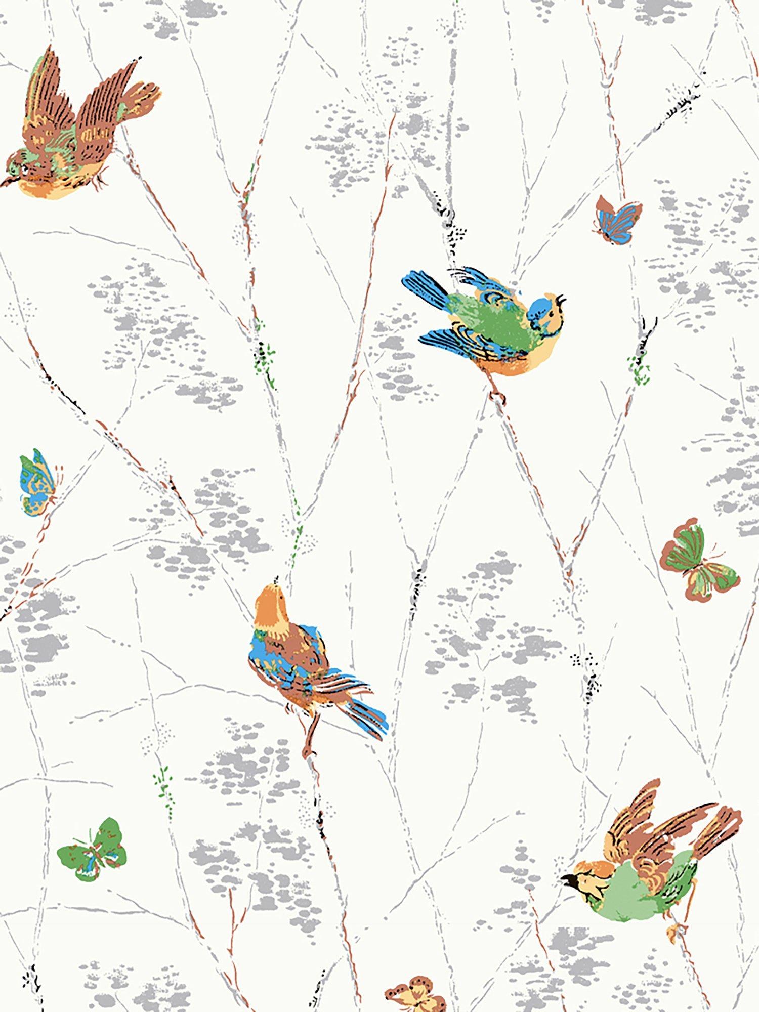 Aviary-Themed Nature Wallpaper with Bird and Butterfly Motifs