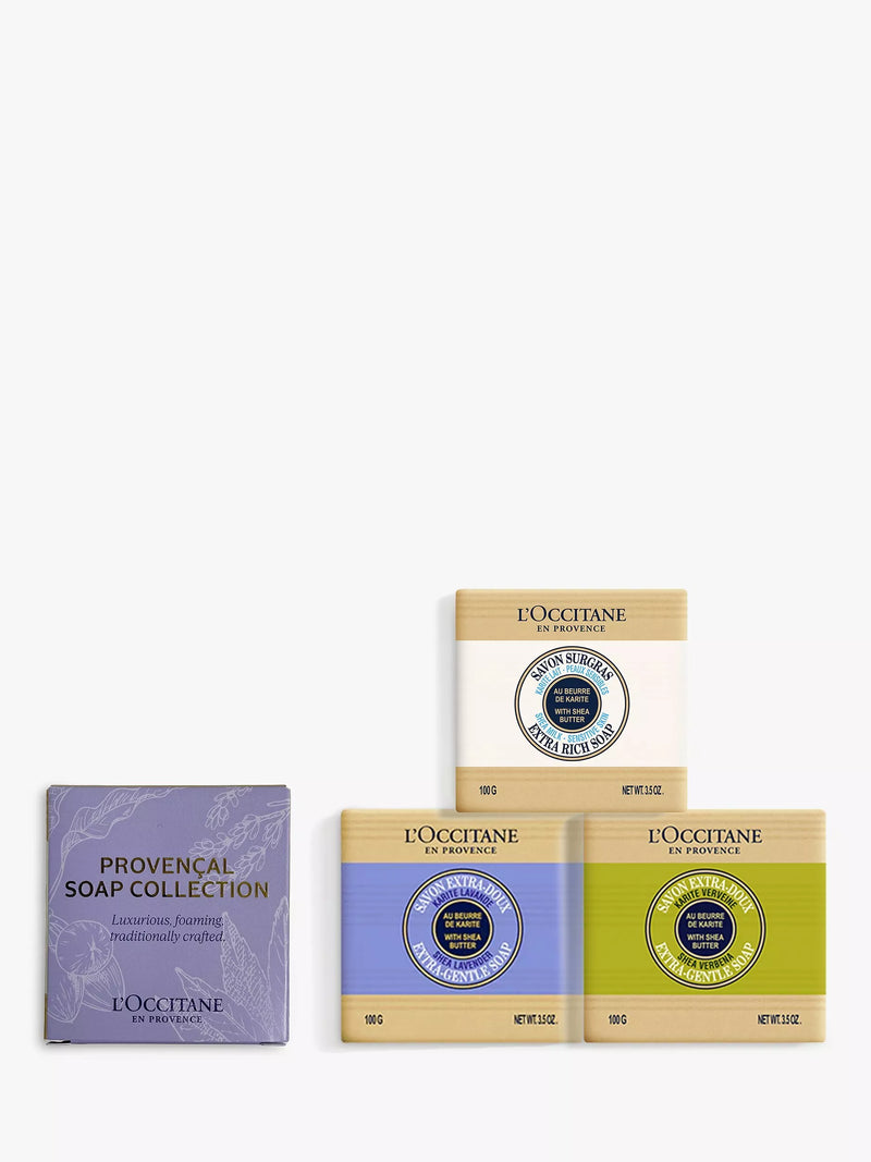 L'OCCITANE shea butter soap gift set with milk, verbena, and lavender scents, 100g bars, UK version