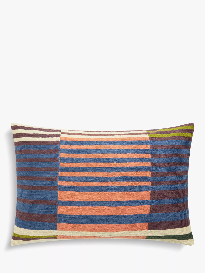 John Lewis abstract stripe cotton cushion with hand-stitched crewel embroidery, UK version