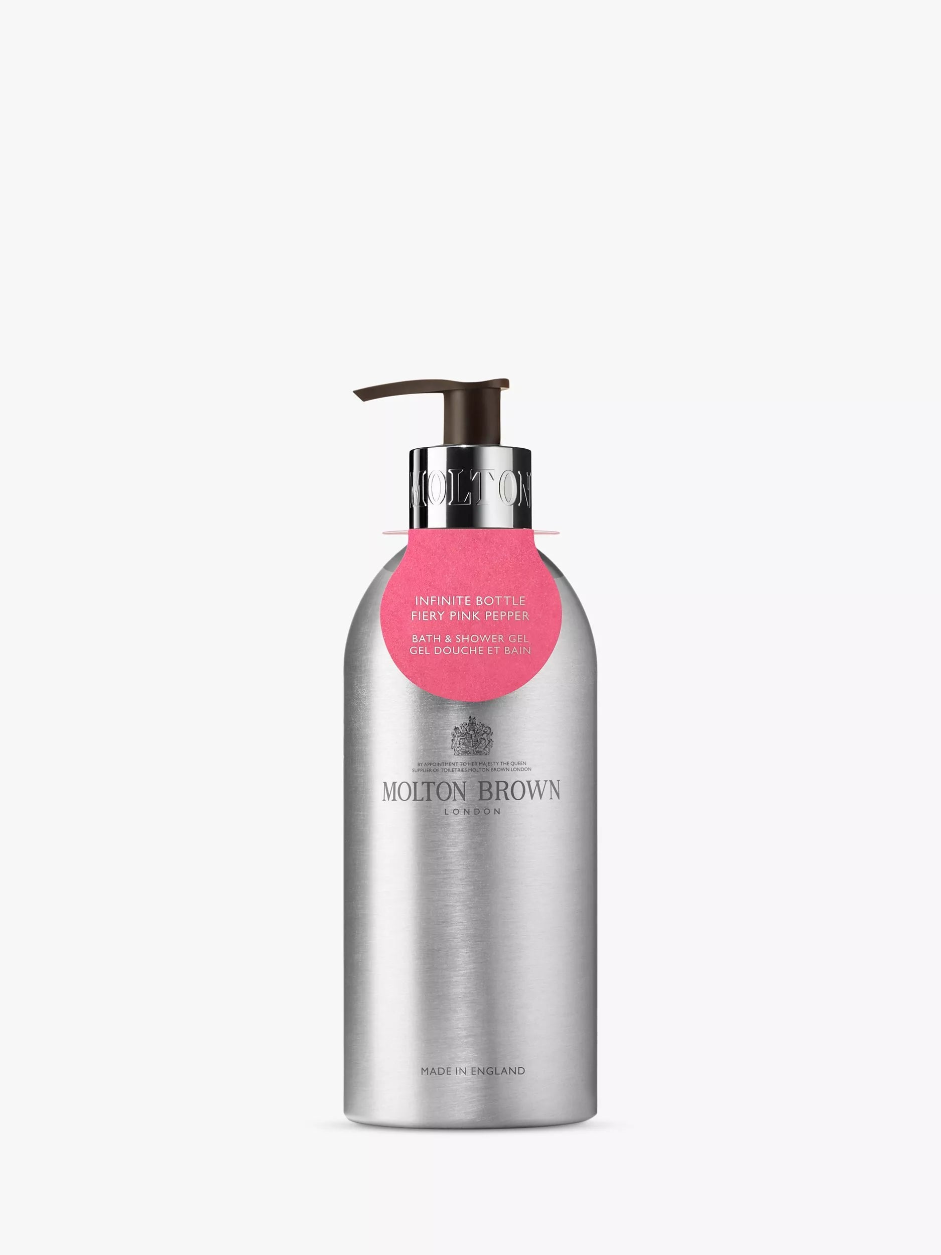 Molton Brown fiery pink pepper bath and shower gel in recycled aluminium bottle, 400ml, imported from the UK