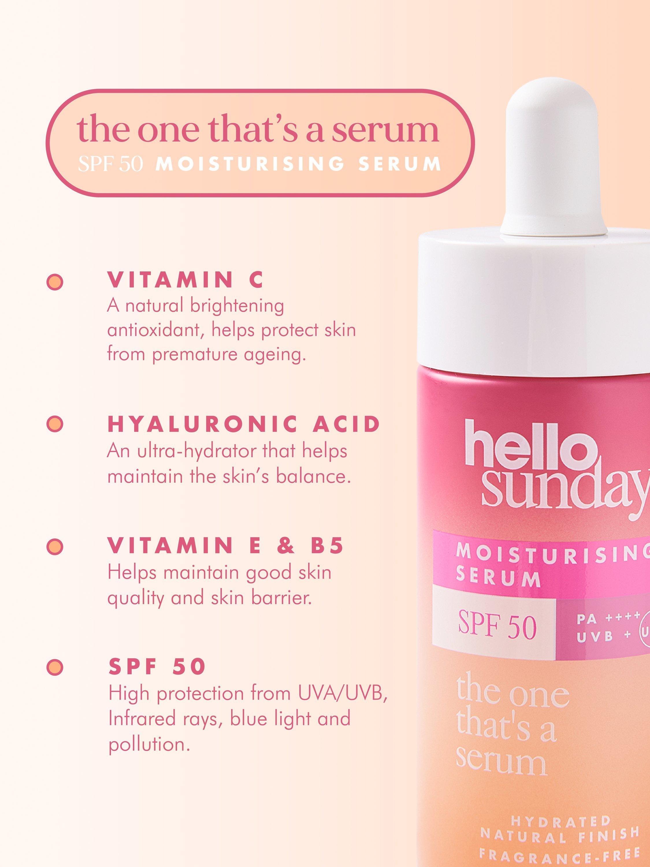 Hello Sunday moisturising serum with SPF 50, UK version
