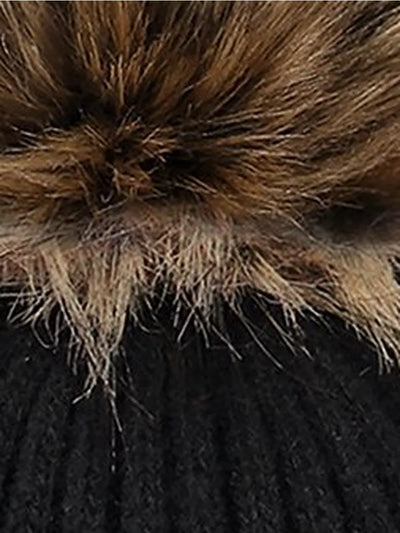 Wool Blend Beanie with Faux Fur Pom and Velvet Headband Lining
