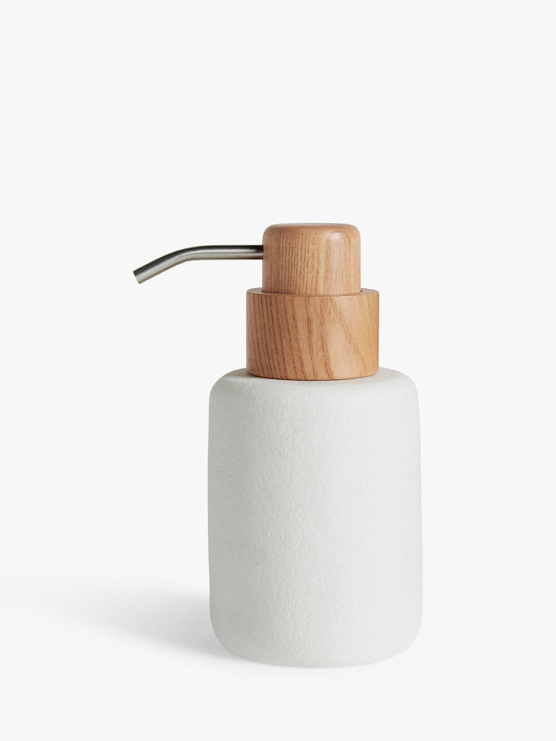John Lewis sand effect soap dispenser in white with ash wood top, UK version