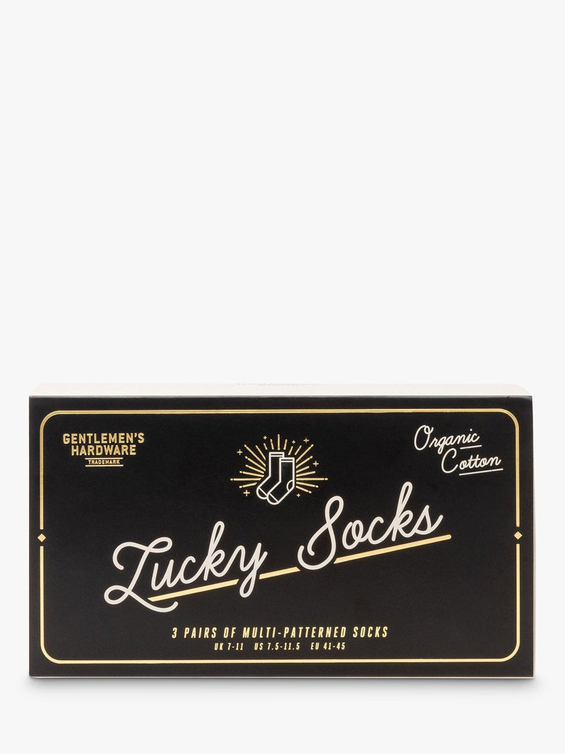 Gentlemen's Hardware lucky socks gift set with three pairs and international icons, UK version