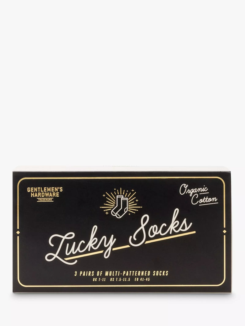 Gentlemen's Hardware lucky socks gift set with three pairs and international icons, UK version