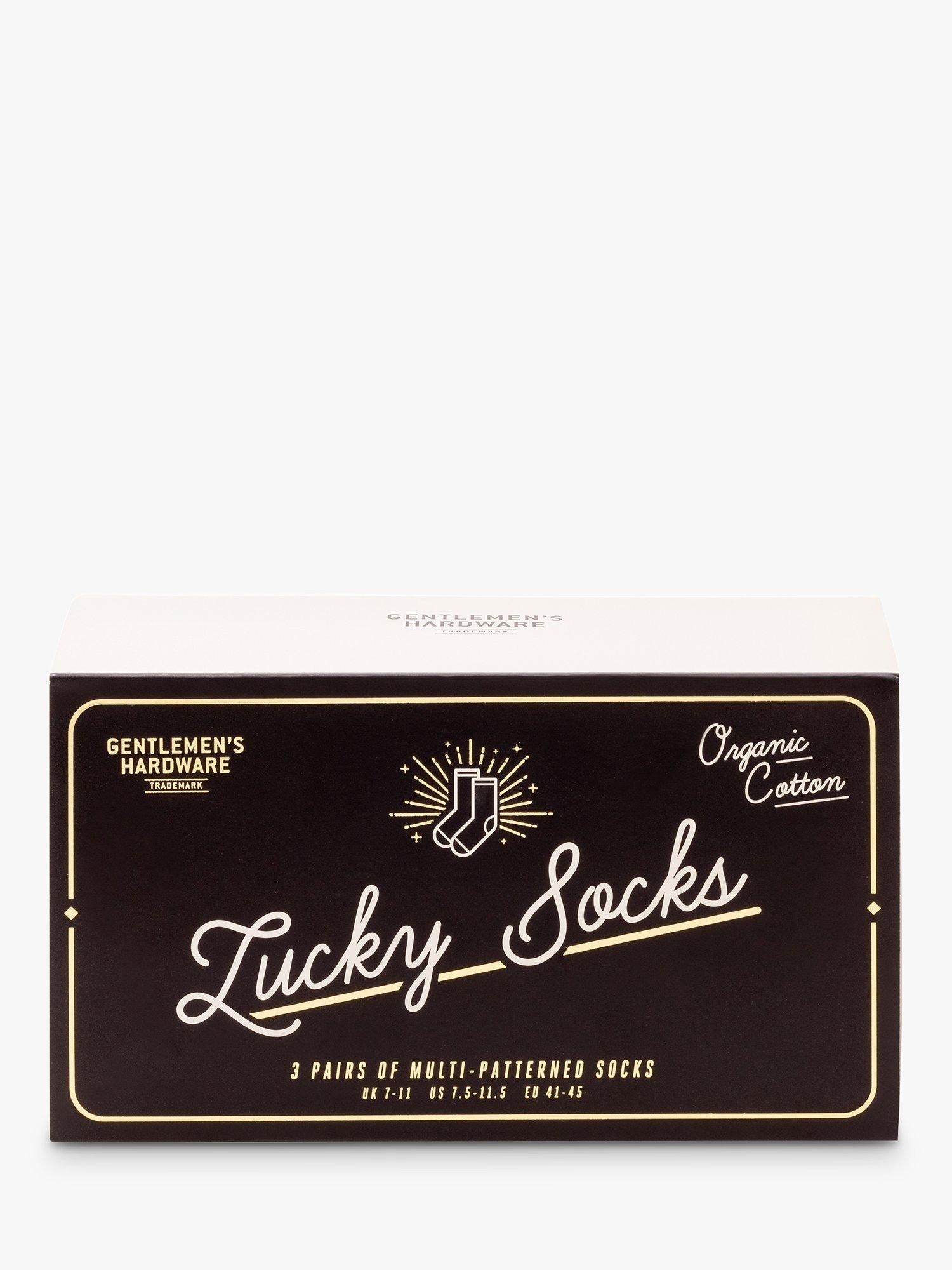 Gentlemen's Hardware lucky socks gift set with three pairs and international icons, UK version