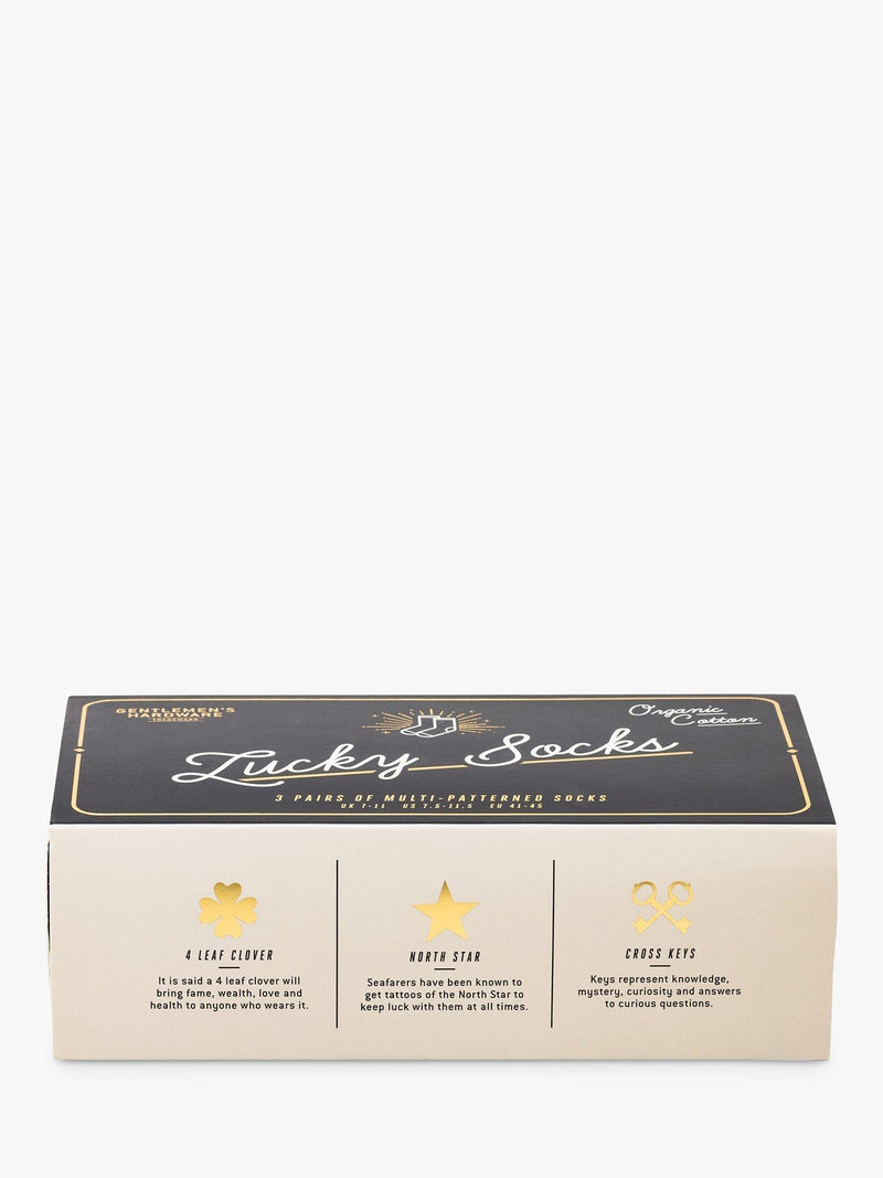 Gentlemen's Hardware lucky socks gift set with three pairs and international icons, UK version