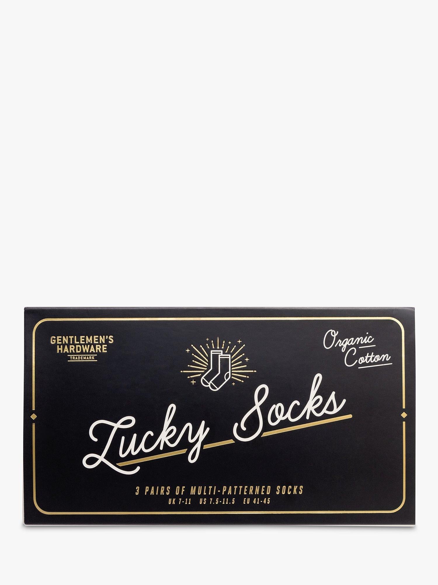 Gentlemen's Hardware lucky socks gift set with three pairs and international icons, UK version
