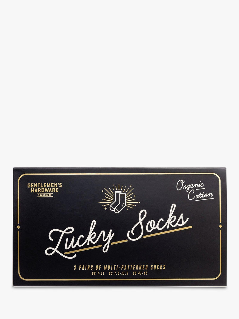 Gentlemen's Hardware lucky socks gift set with three pairs and international icons, UK version