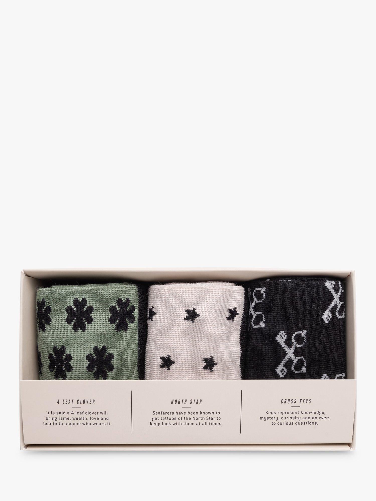 Gentlemen's Hardware lucky socks gift set with three pairs and international icons, UK version
